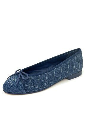 CHANEL 26P CC Logo Denim Jeans Cap Toe Bow Ballerina Ballet Flats Shoes